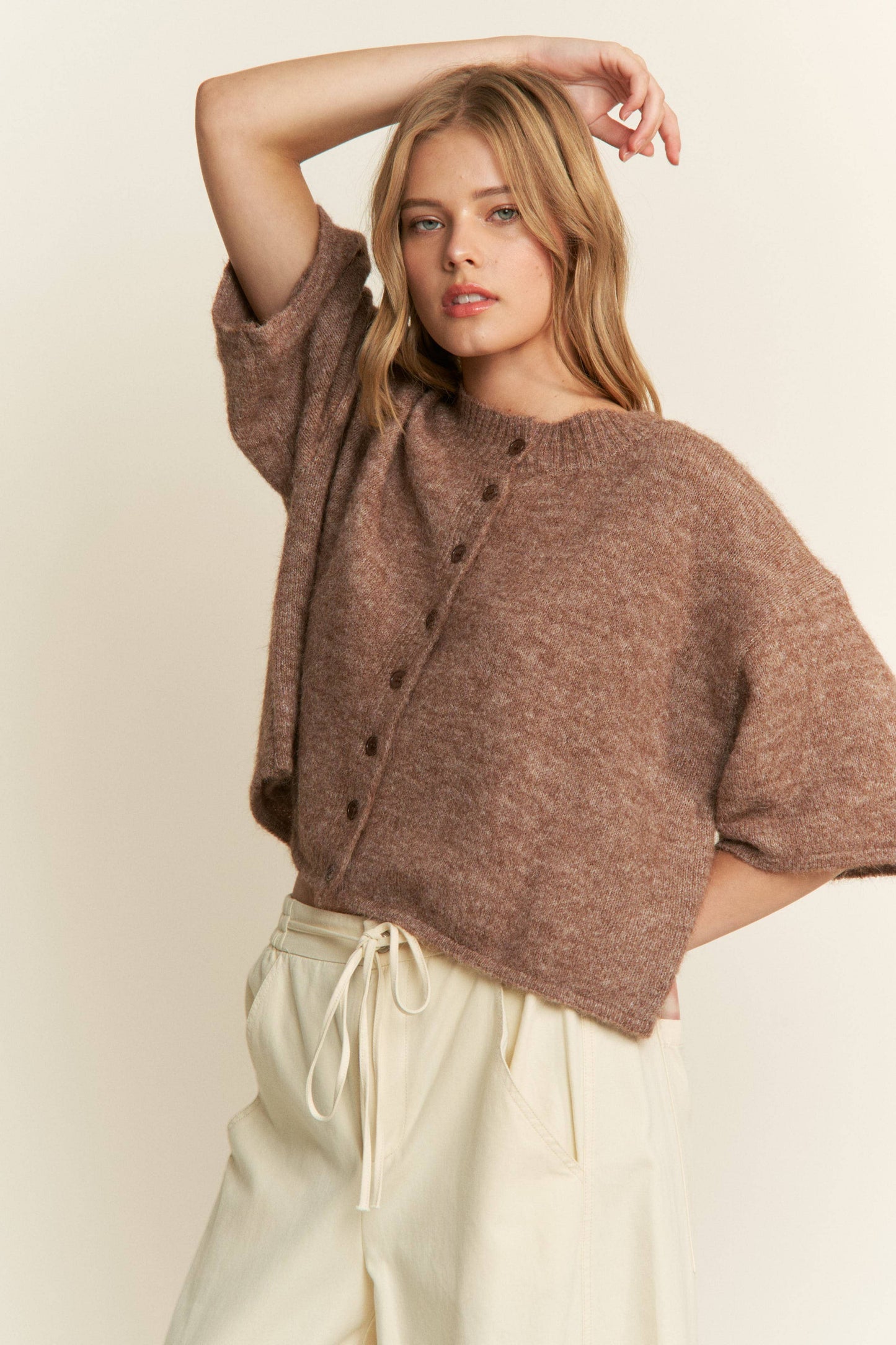 Quarter-Sleeve Knit Cardigans: Mocha