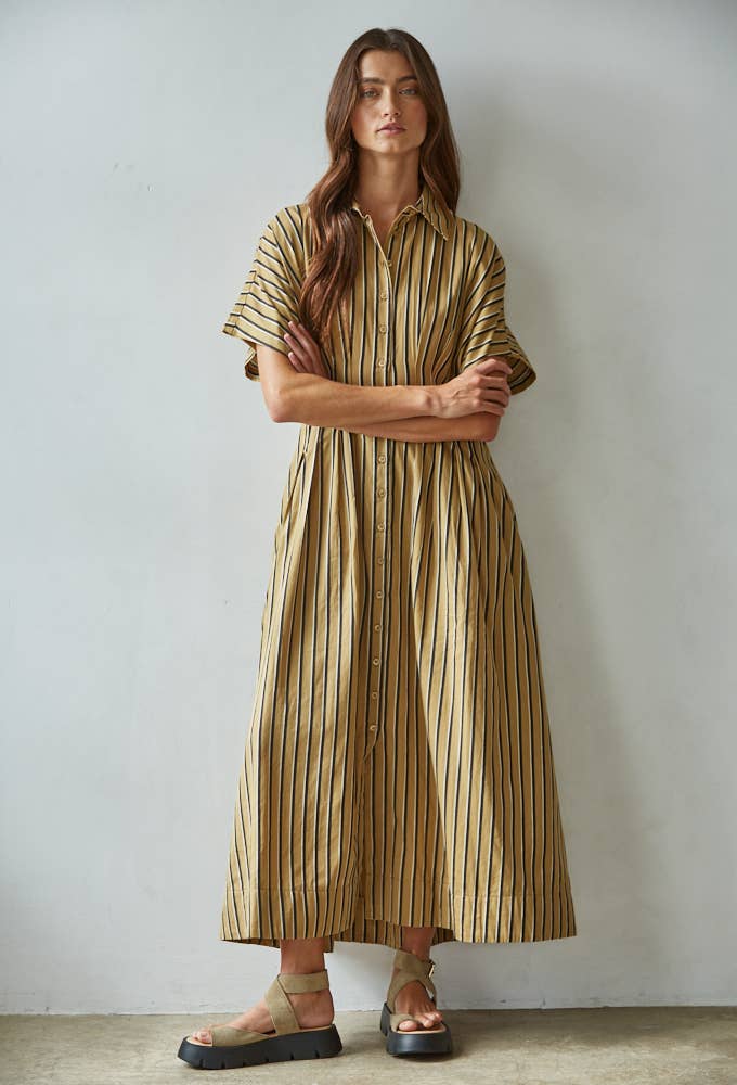 Woven Cotton Striped Collar Button-Down Flare Dress : Coffee