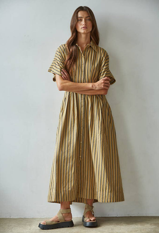 Woven Cotton Striped Collar Button-Down Flare Dress : Coffee
