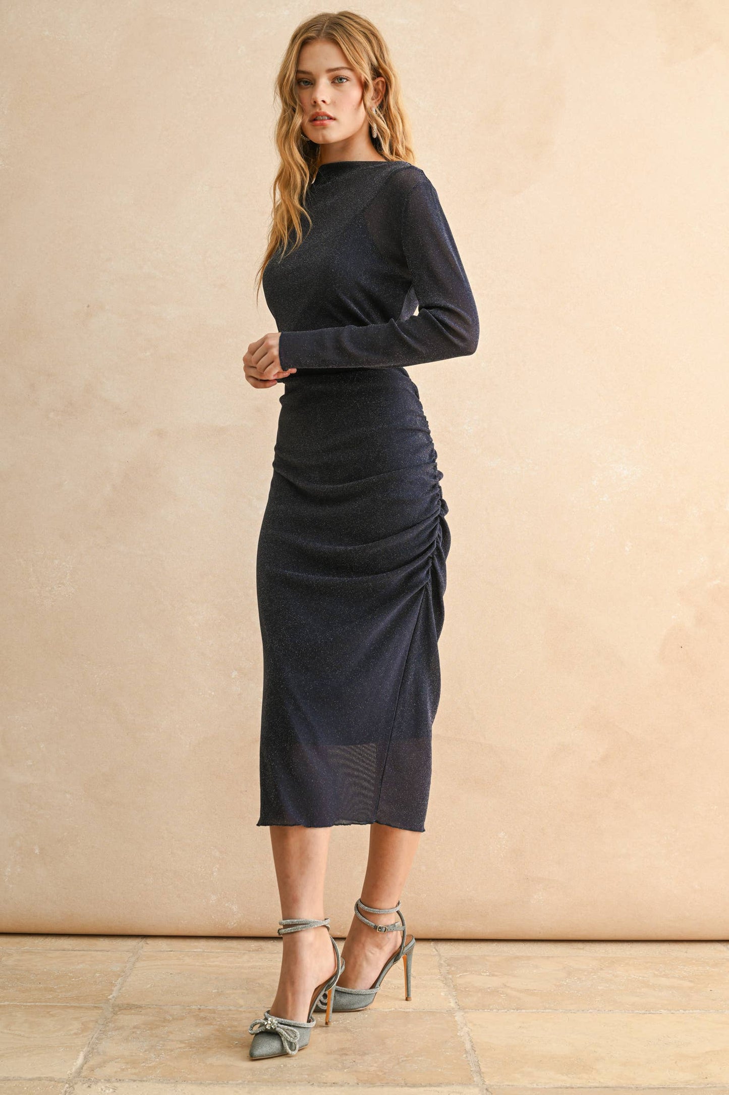 MESH DRAPED DRESS: ESPRESSO