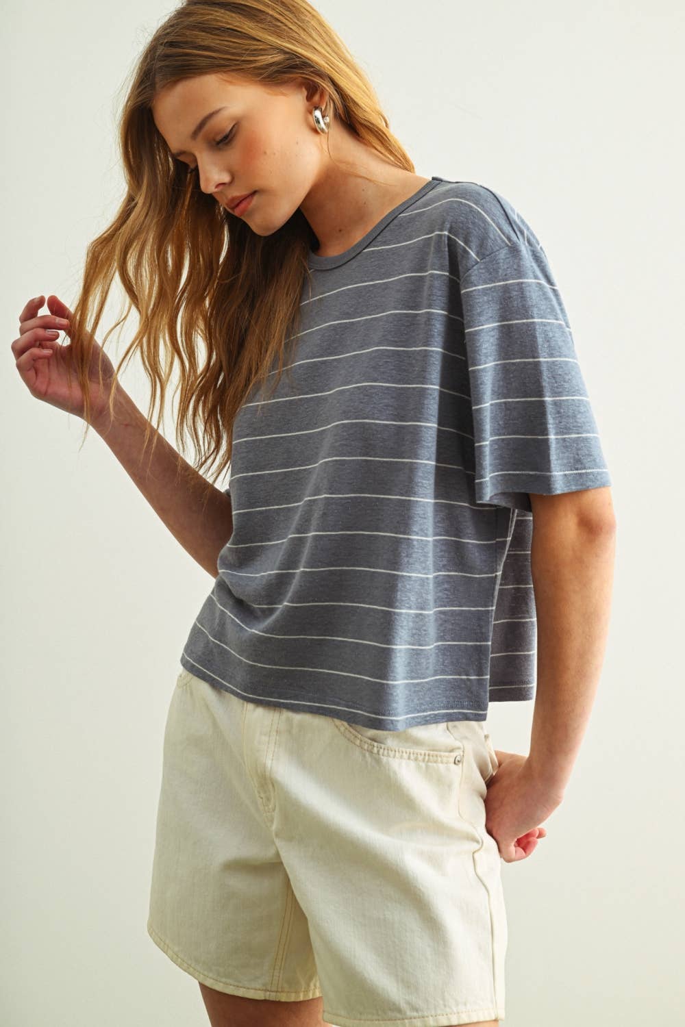 STRIPE COTTON LINEN TOP: BLUE/WHITE