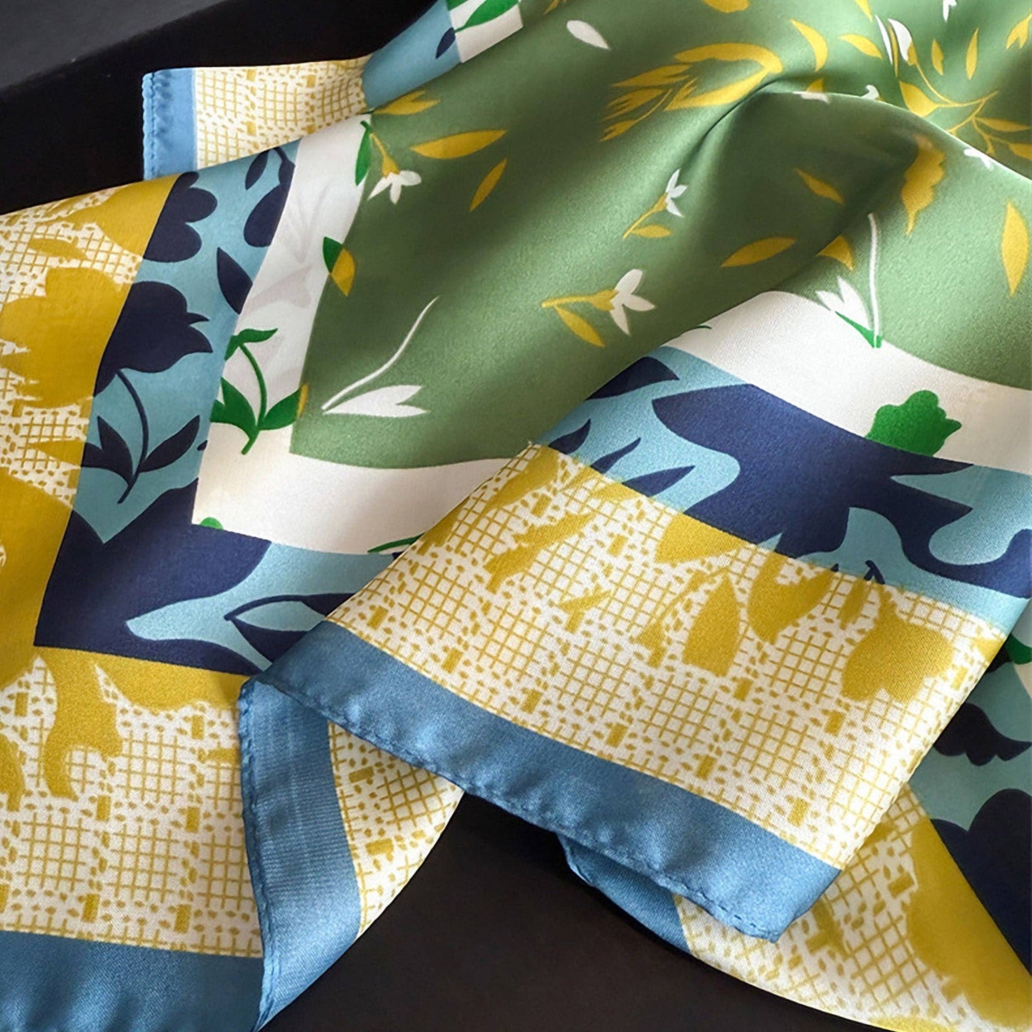 Satin Square Scarf with Botanical Print: Green