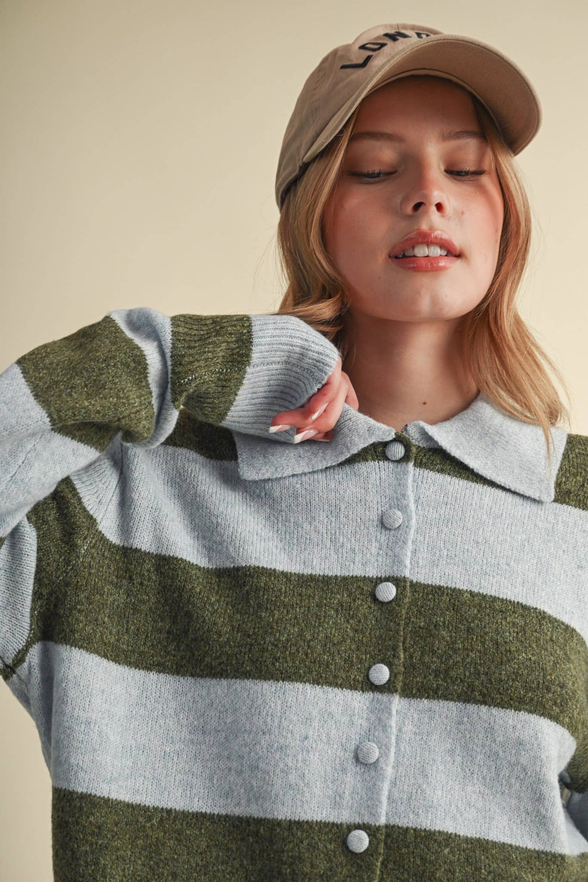 STRIPED SWEATER CARDIGAN: POWDER BLUE OLIVE