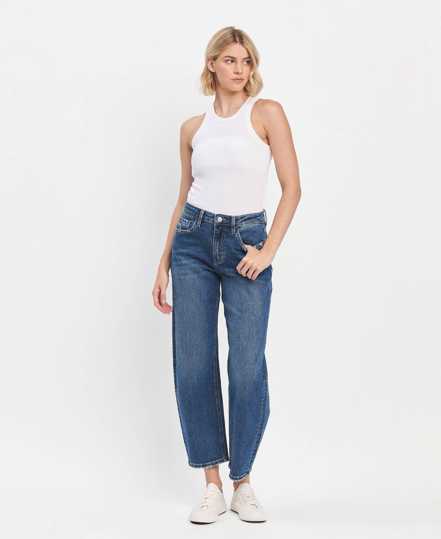 HIGH RISE MEDIUM DARK WASH ANKLE BARREL JEANS