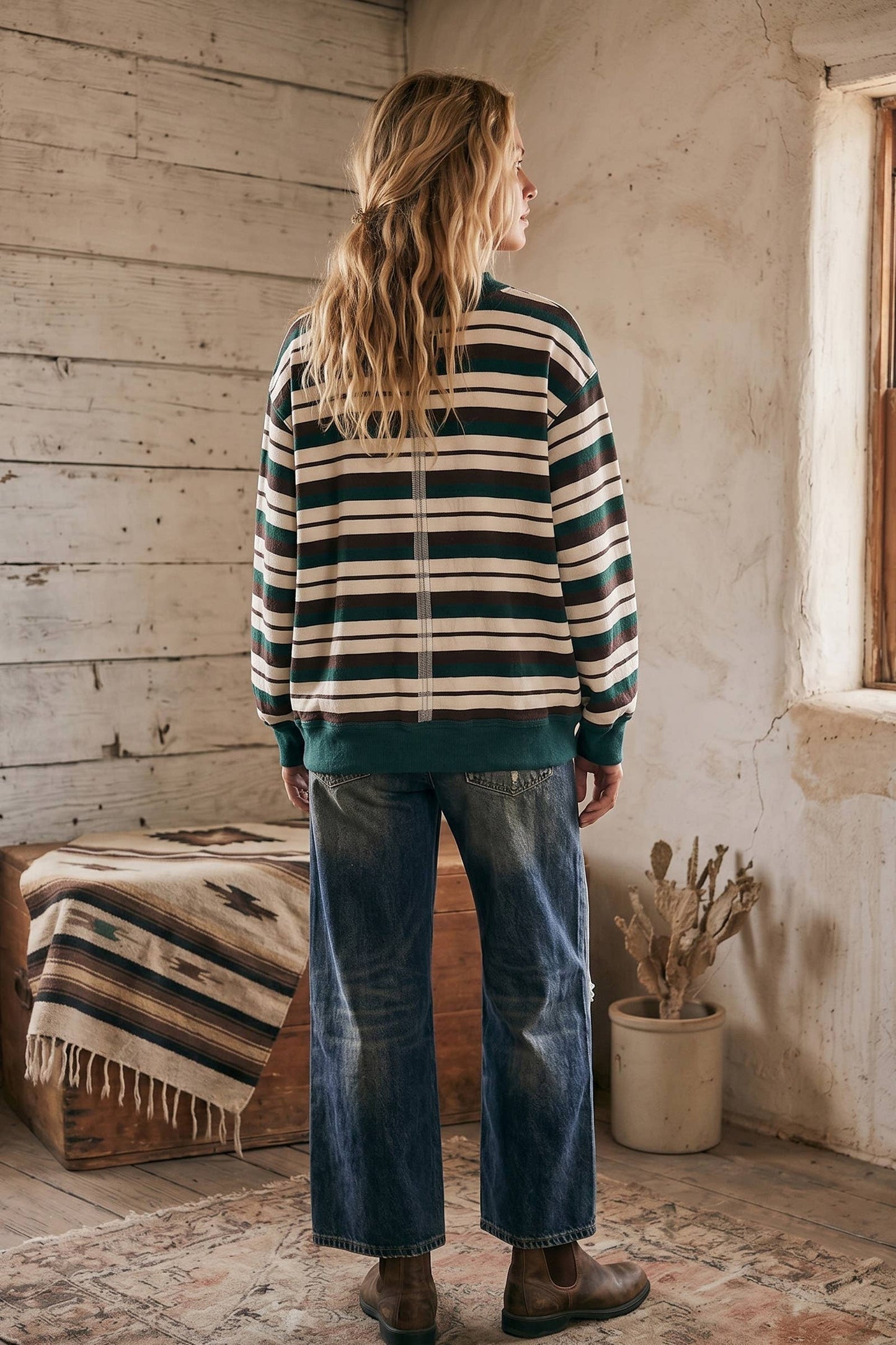Oversized French Terry Striped Sweatshirt: GREEN/BROWN/CREAM