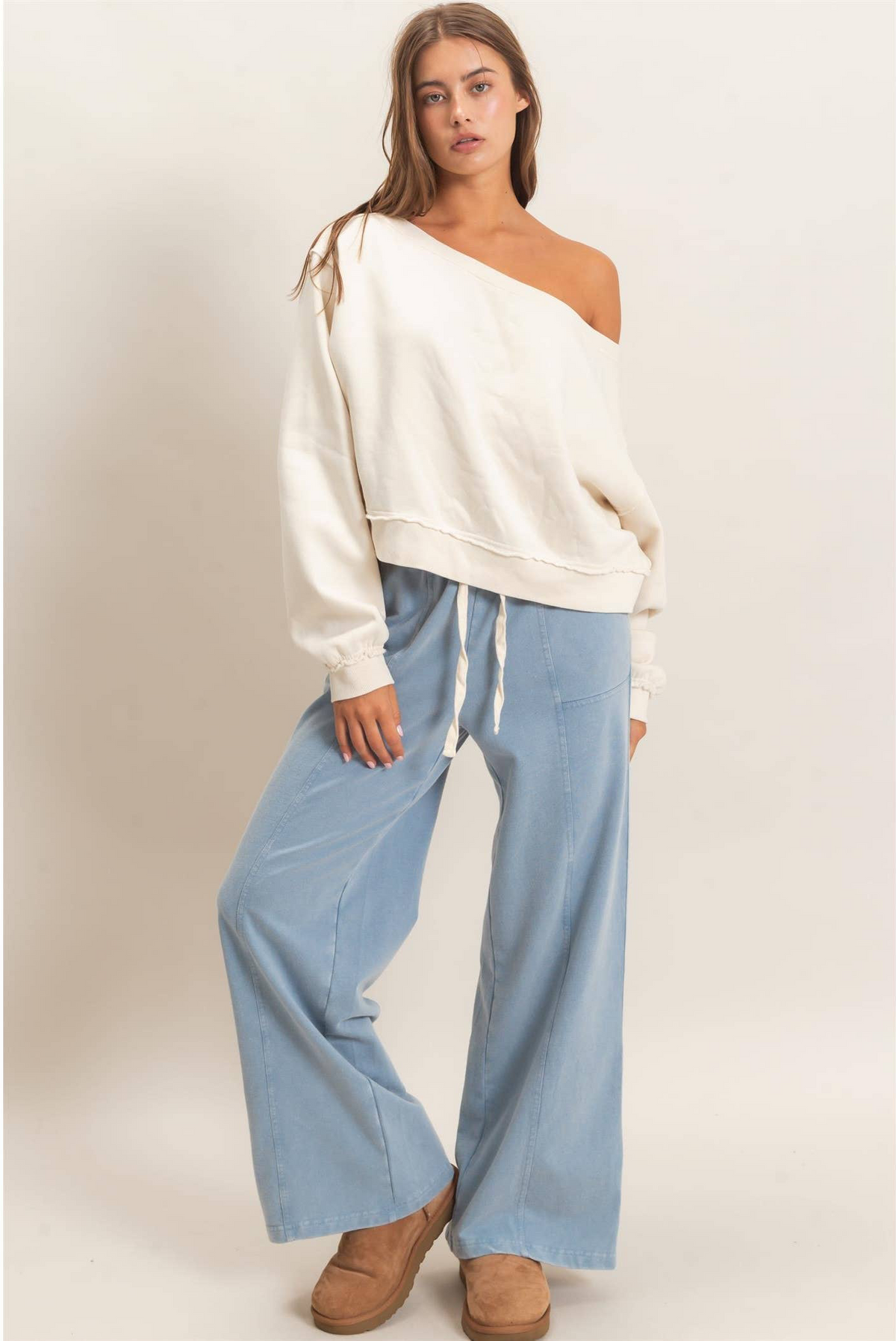 Acid Wash Drawstring Waist Wide Leg Pants: DUSTY BLUE