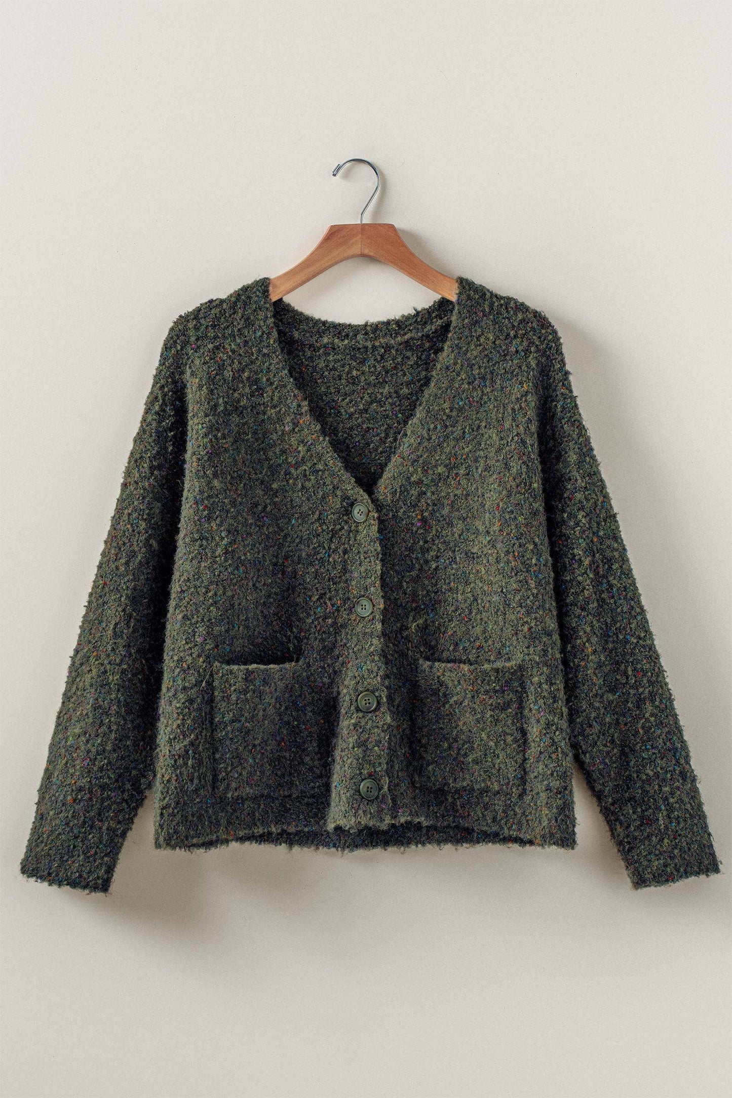 Confetti Boucle Textured V-Neck Cardigan: OLIVE