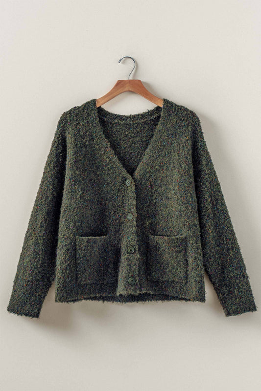 Confetti Boucle Textured V-Neck Cardigan: OLIVE