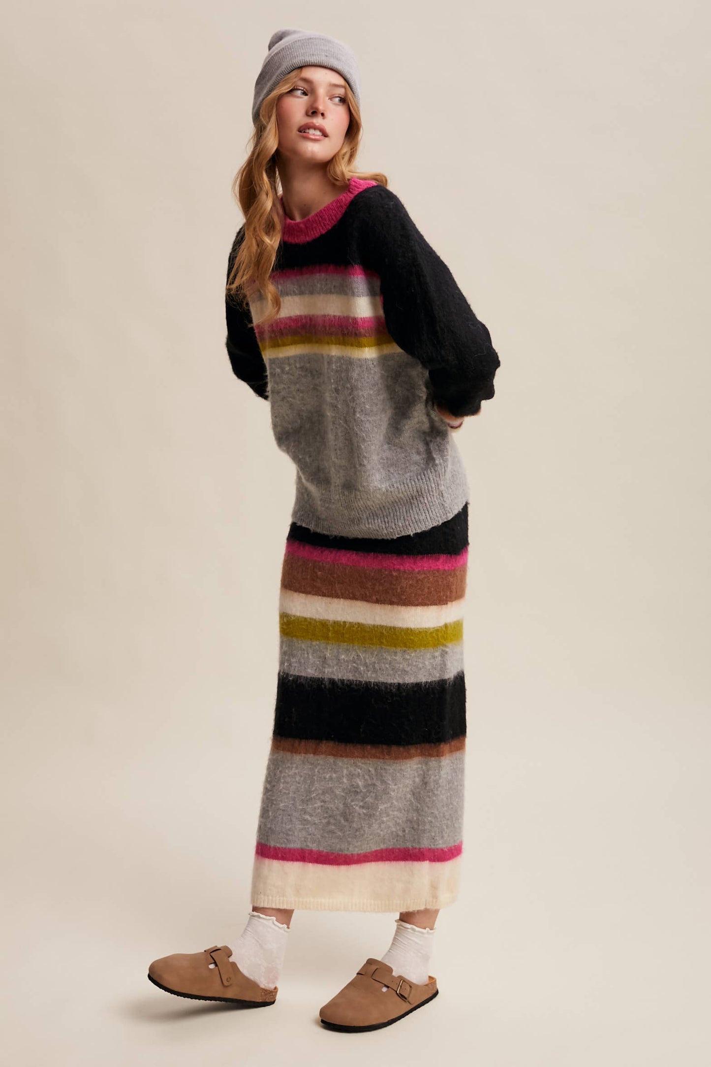 Striped Fuzzy Knit Sweater & Skirt: Light Pink Multi