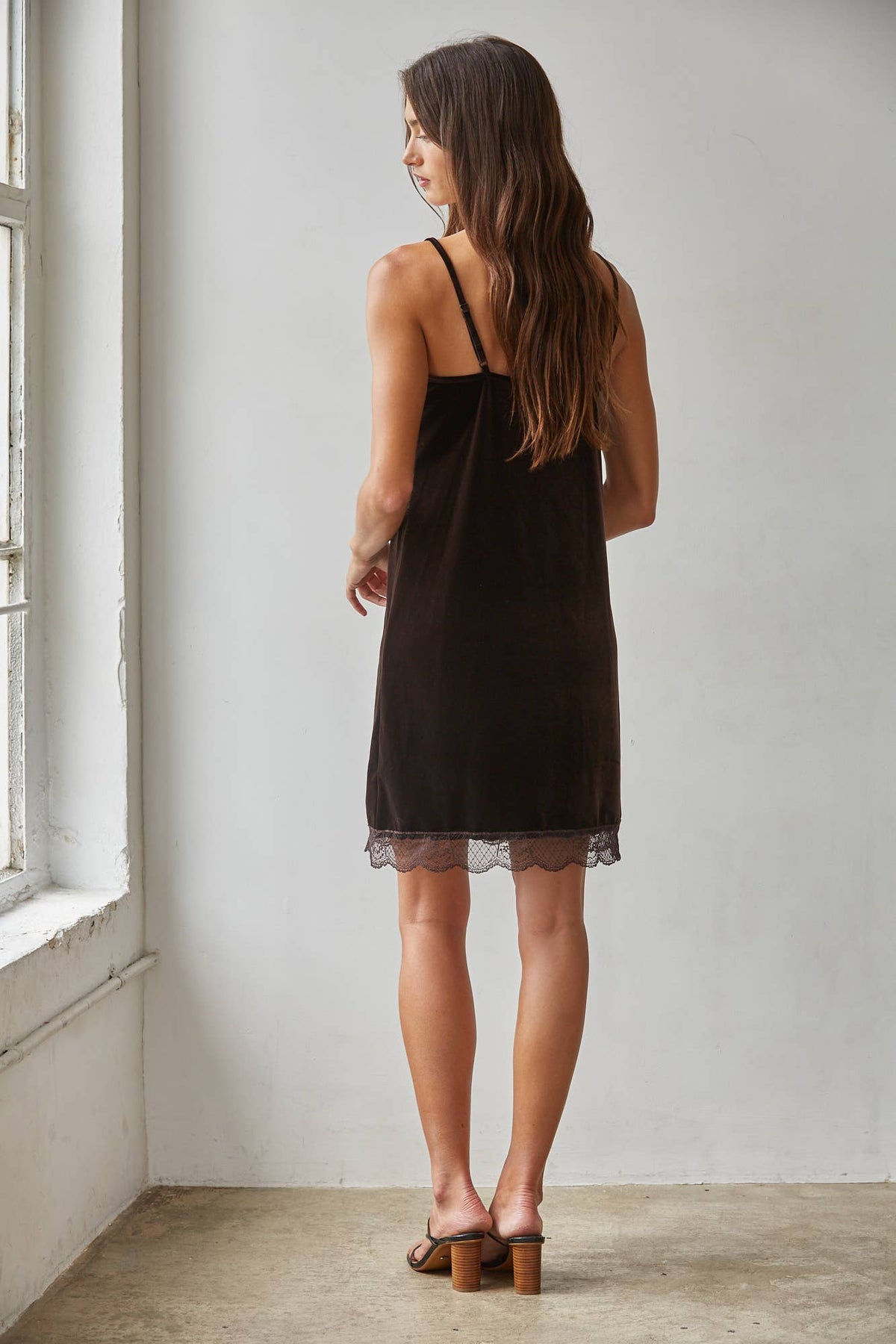 Woven V Neck Mini Dress with Lace Trim: Brown