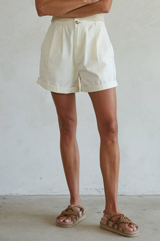 Cotton Pleated Front Relax Fit Wide Leg Shorts: Cream