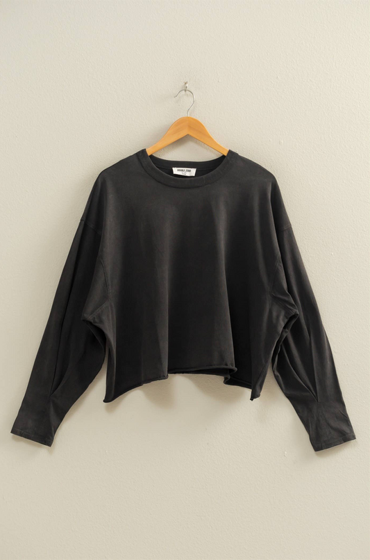 Washed Oversized Long Sleeve Top: BLACK