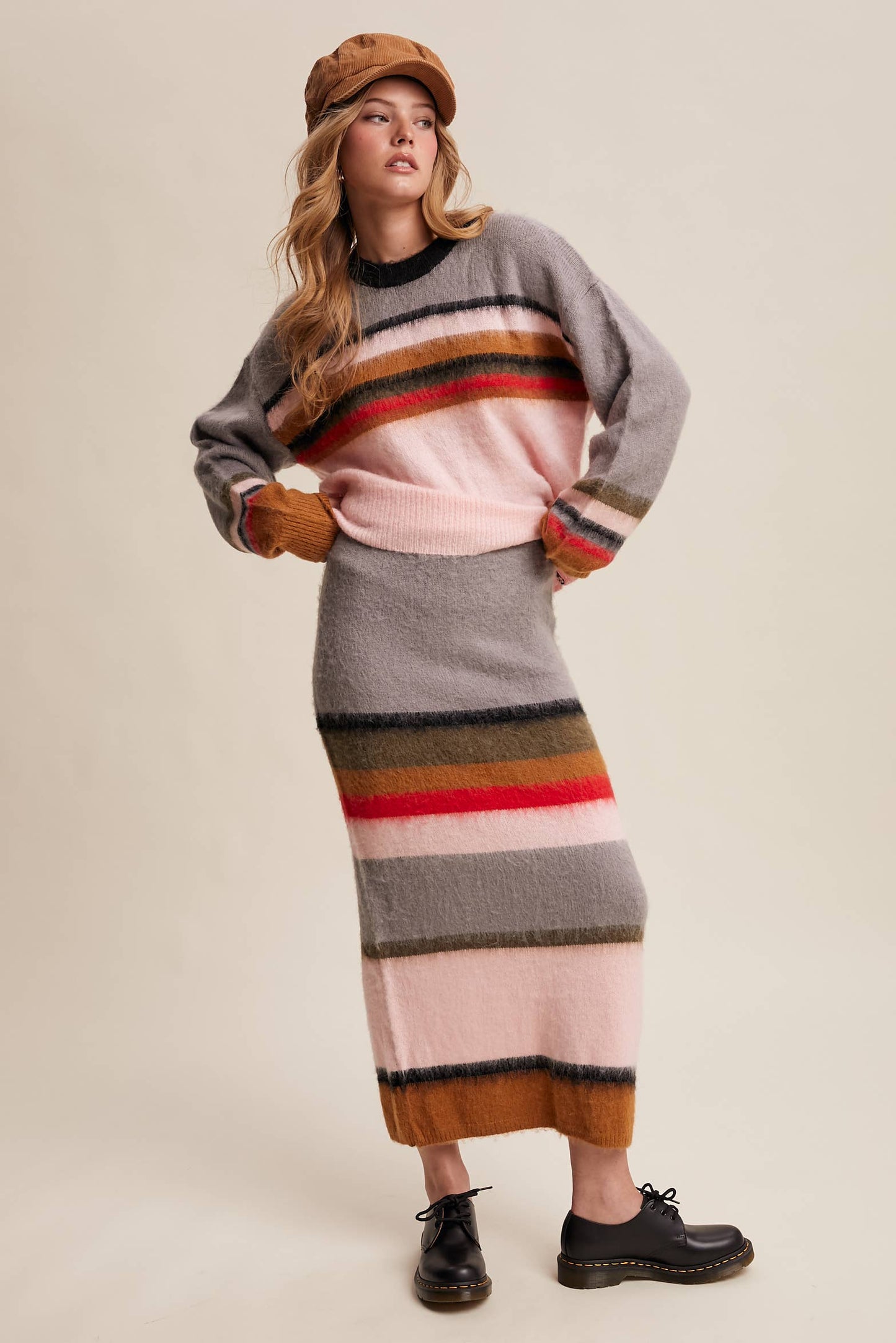 Striped Fuzzy Knit Sweater & Skirt: Light Pink Multi