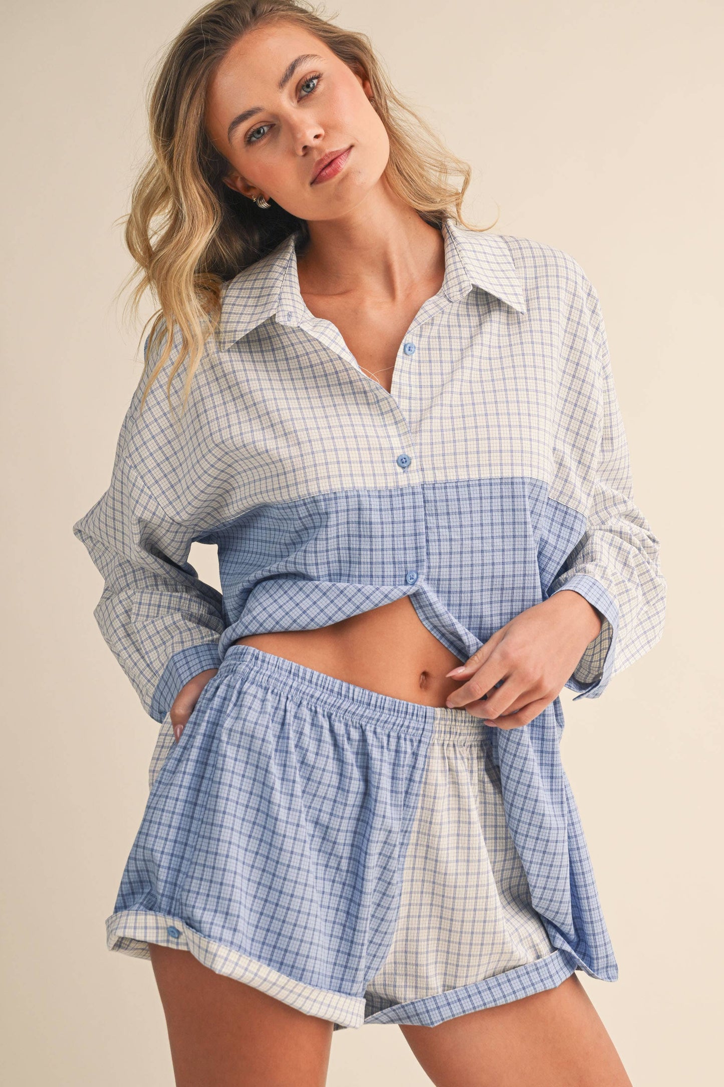 Long Sleeve Button Down Shirt and Short Set: Blue Multi