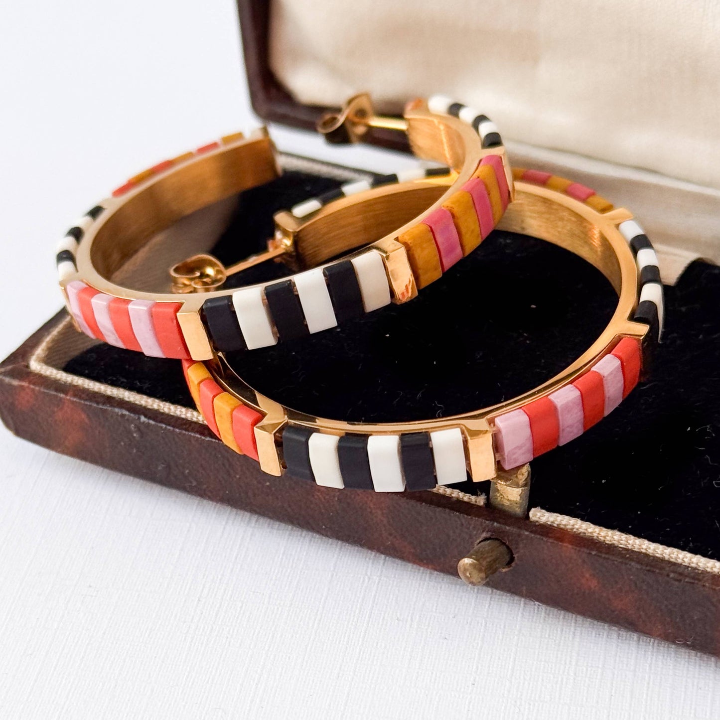 Big Bold Tila Bead Hoop Earrings Gold-Plated, Handmade- B+W