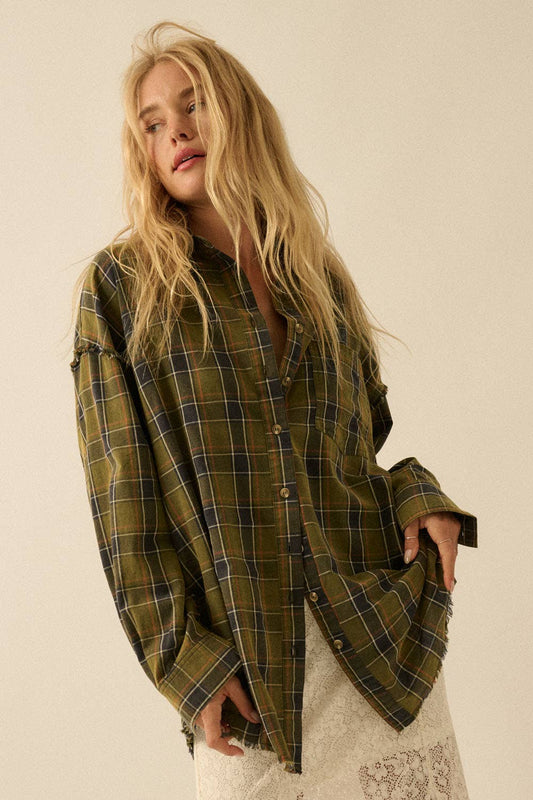Plaid Oversized Raw-Edge Exposed-Seam Pocket Shirt: Olive