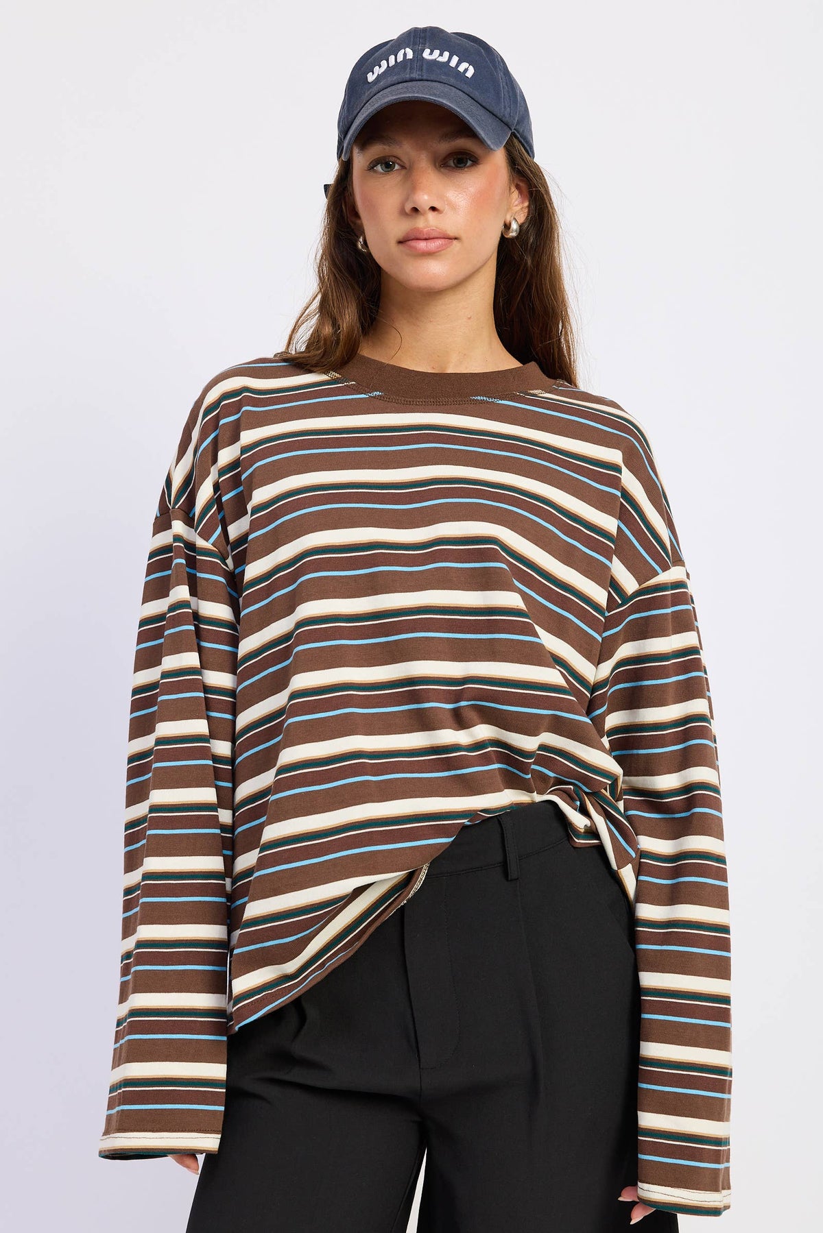 LONG SLEEVE STRIPED TOP: BROWN BLUE STRIPE