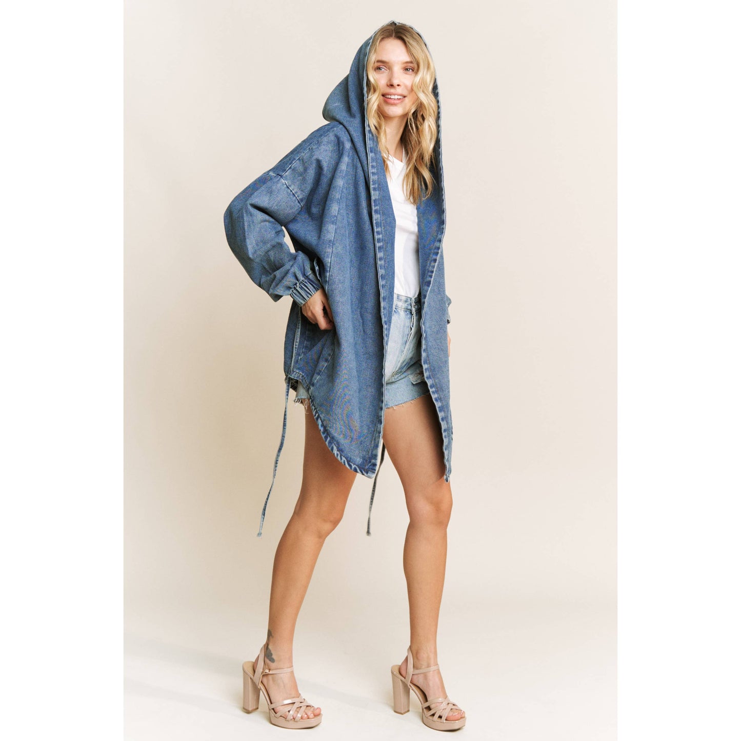 VINTAGE DENIM WASHED HOODED COAT SHACKET: Medium Denim