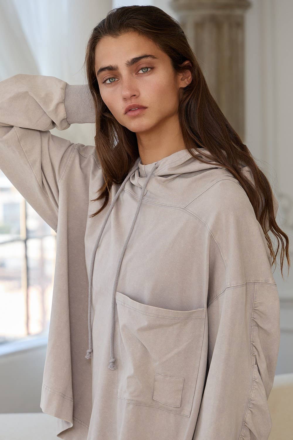 Drawstring High Neck Oversized Hoodie: Taupe grey
