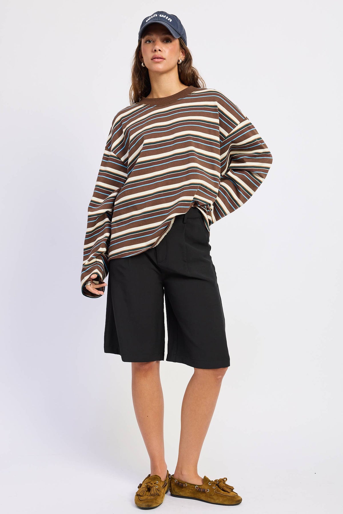 LONG SLEEVE STRIPED TOP: BROWN BLUE STRIPE
