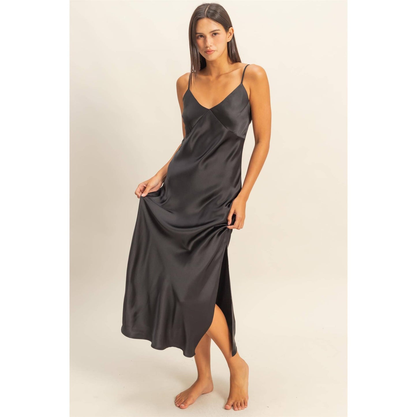Satin Midi Dress With A Side Slit: BLACK