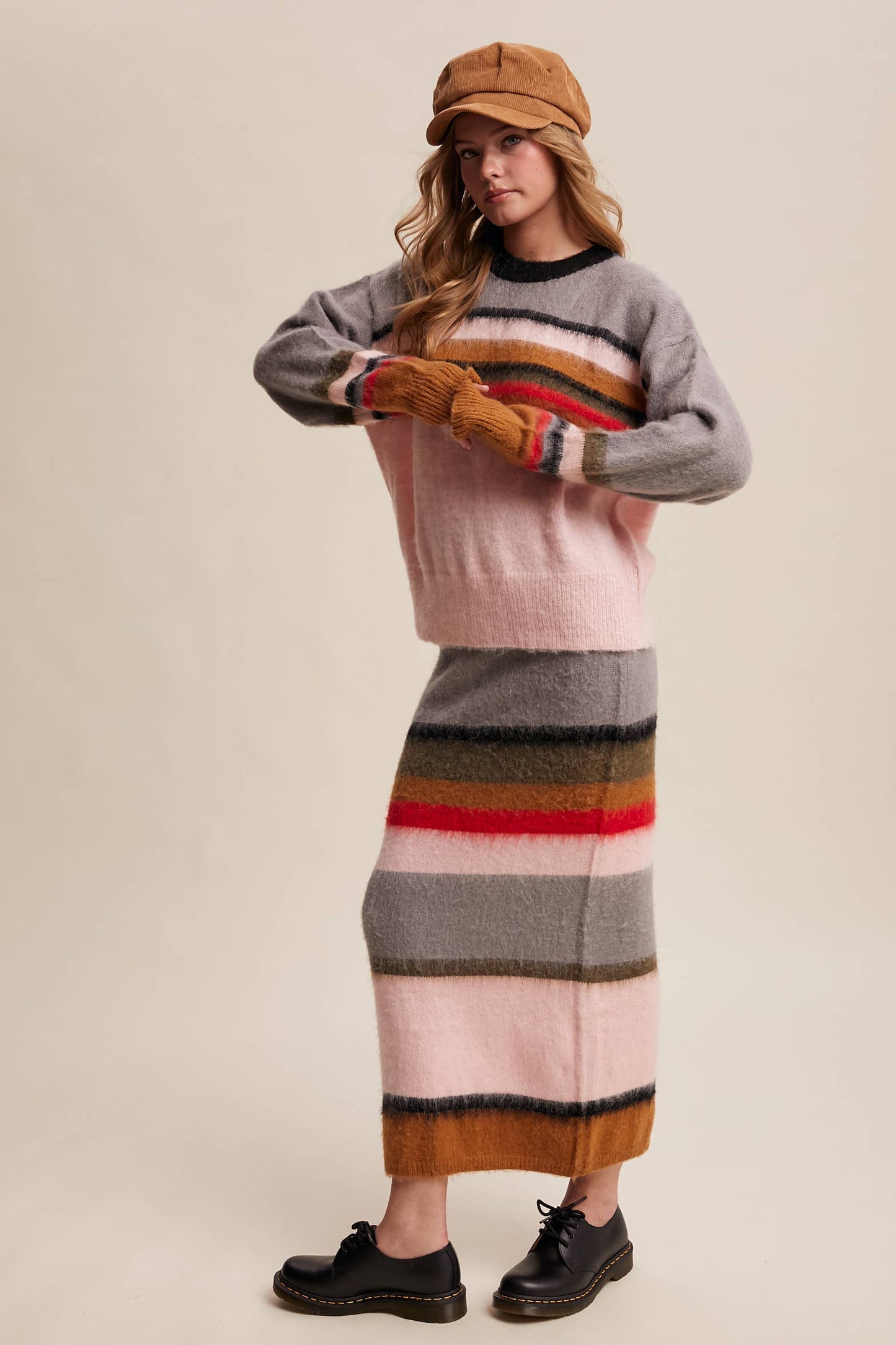 Striped Fuzzy Knit Sweater & Skirt: Light Pink Multi