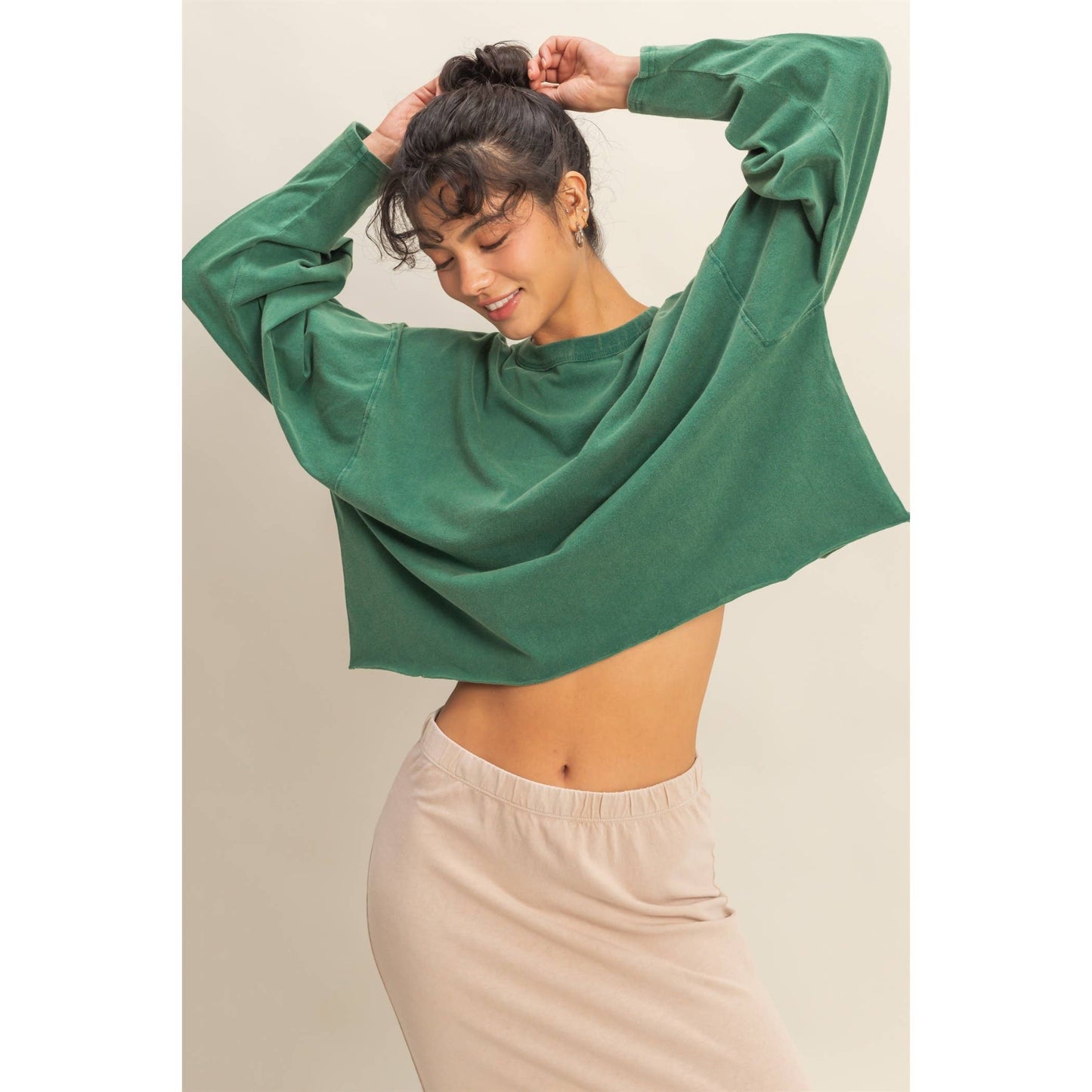 Washed Oversized Long Sleeve Top: BLACK