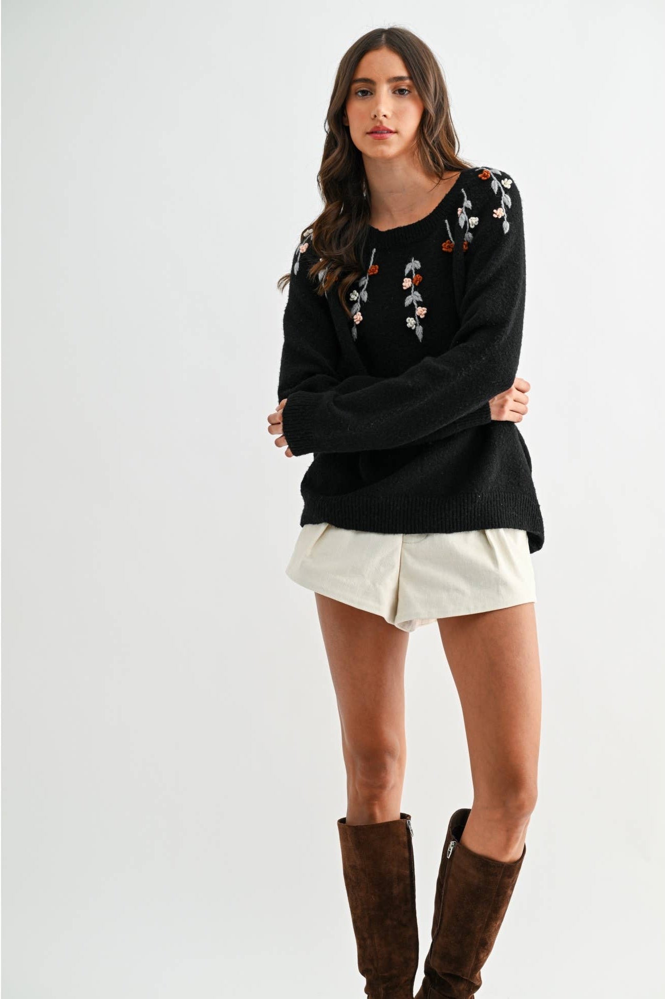 BLACK EMBROIDERED FLORAL SWEATER: BLACK