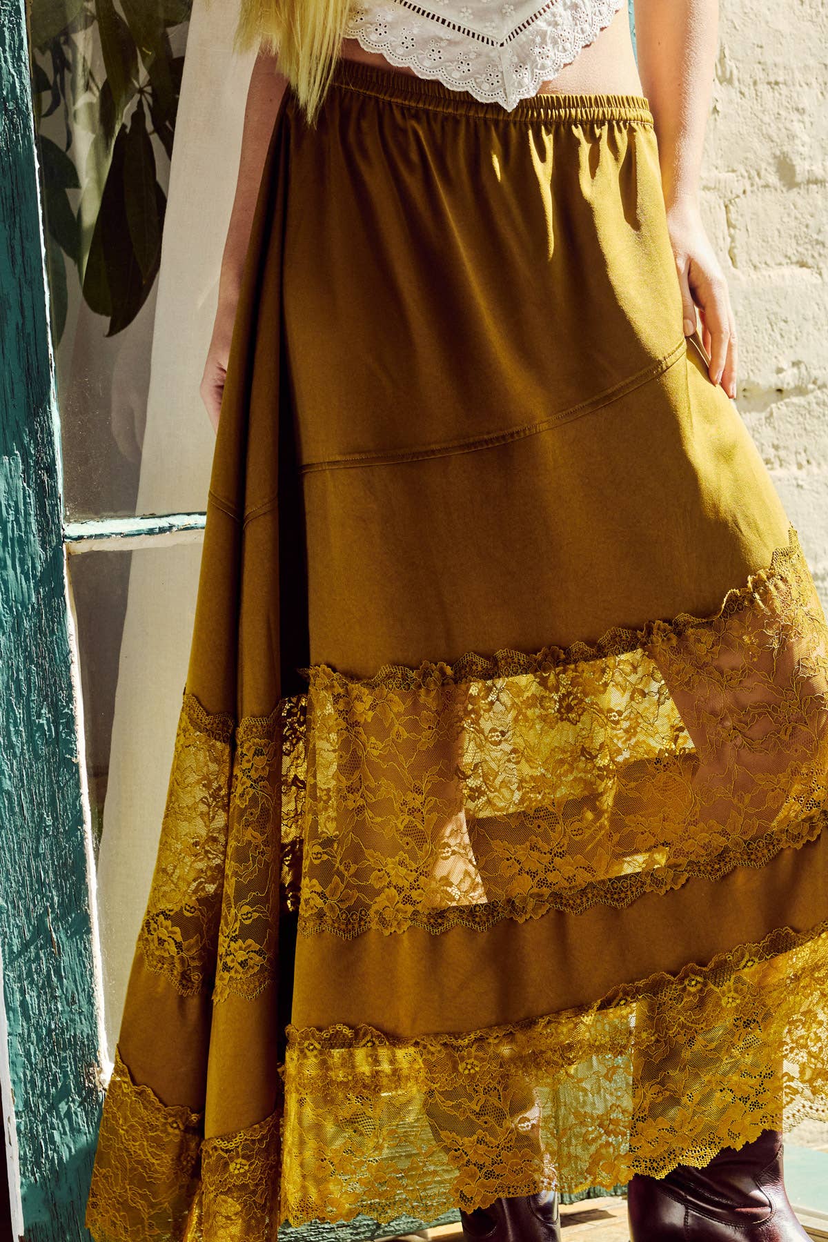 Lace Trim Asymmetrical Hem Satin Midi Skirt: Mustard Olive