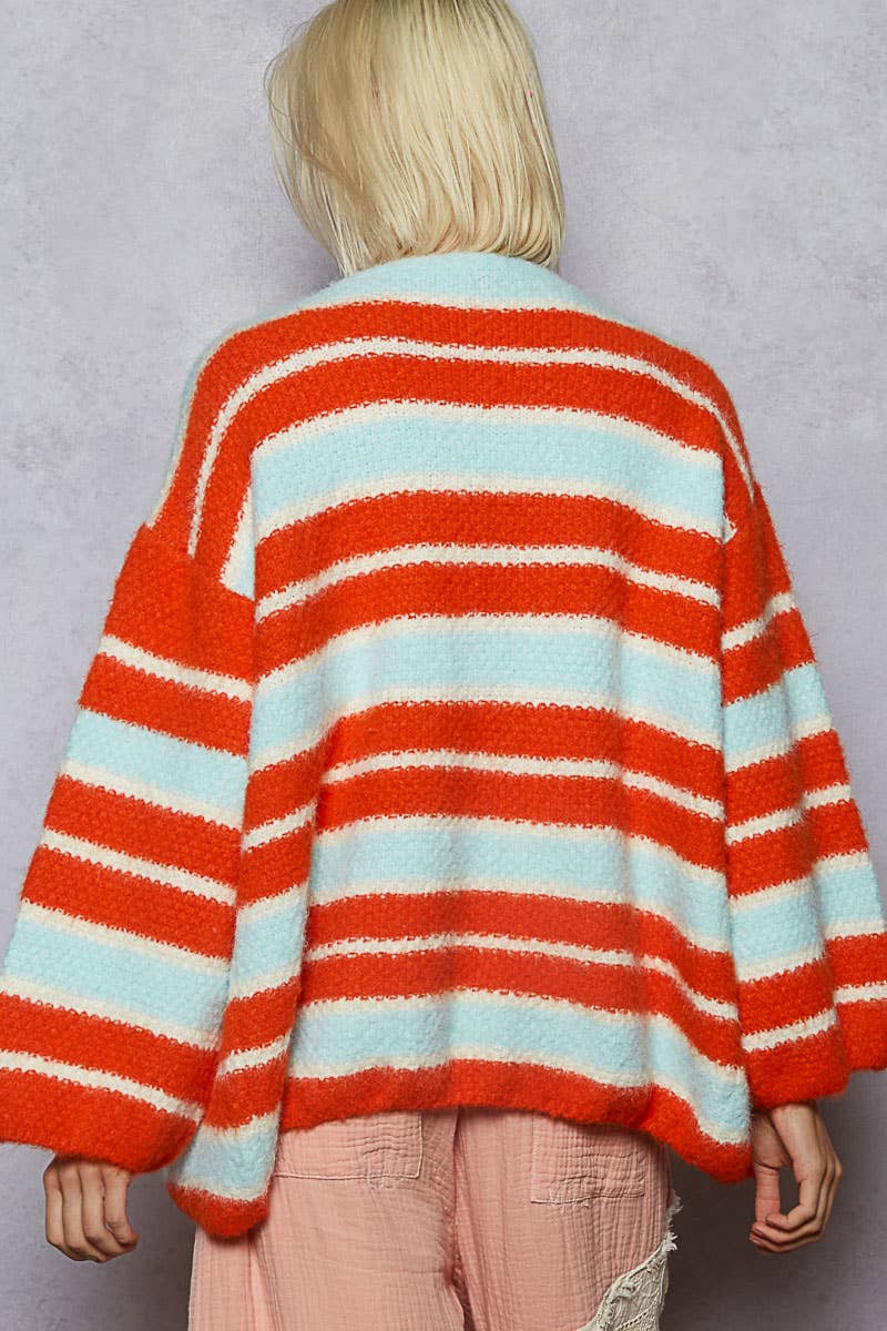 V-neck long sleeve stripe mohair sweater cardigan: SKY/ORANGE / M