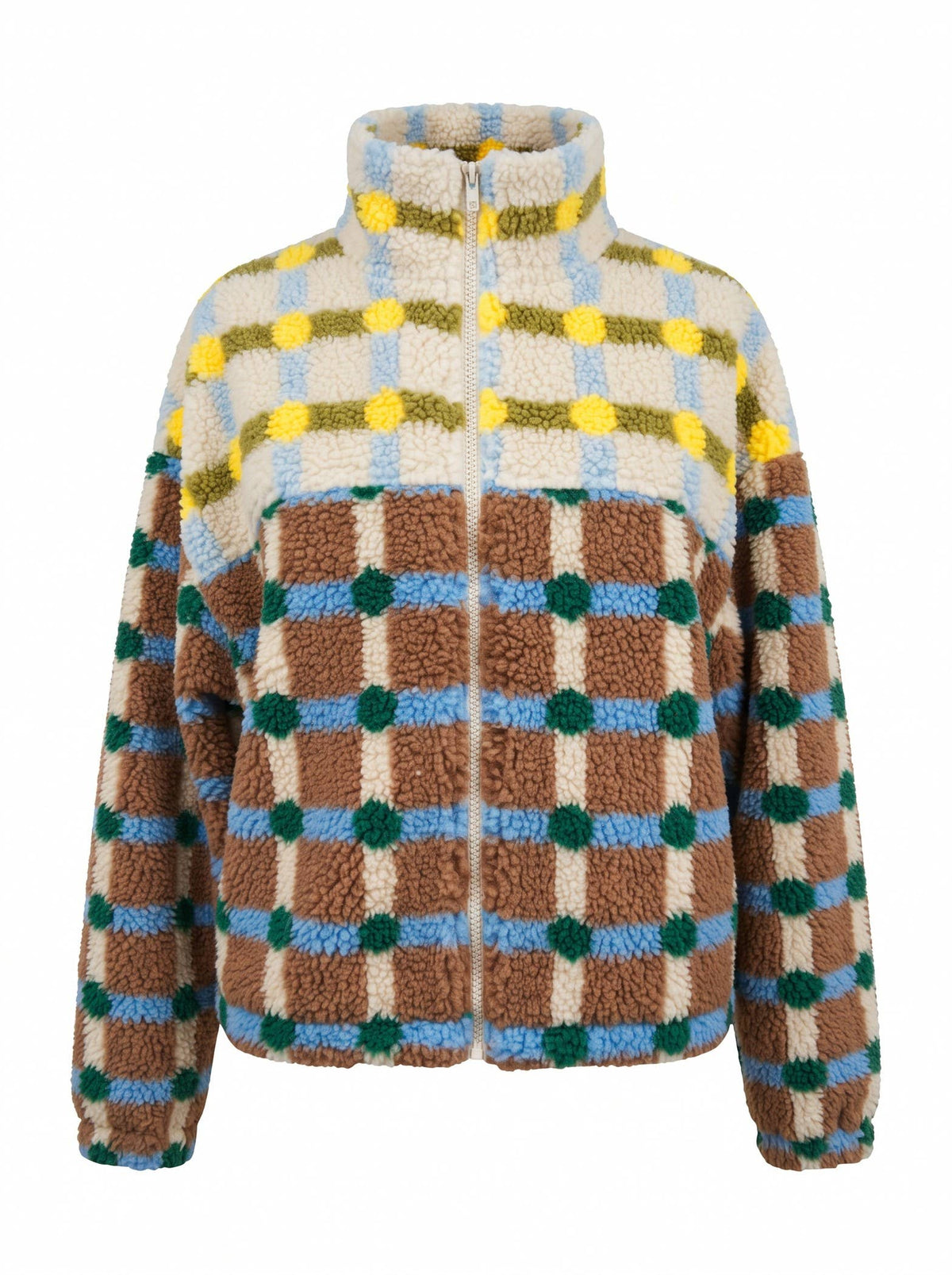 MIXED PLAID COLOR BLOCK SHERPA ZIP-UP JACKET: BROWN/CREAM
