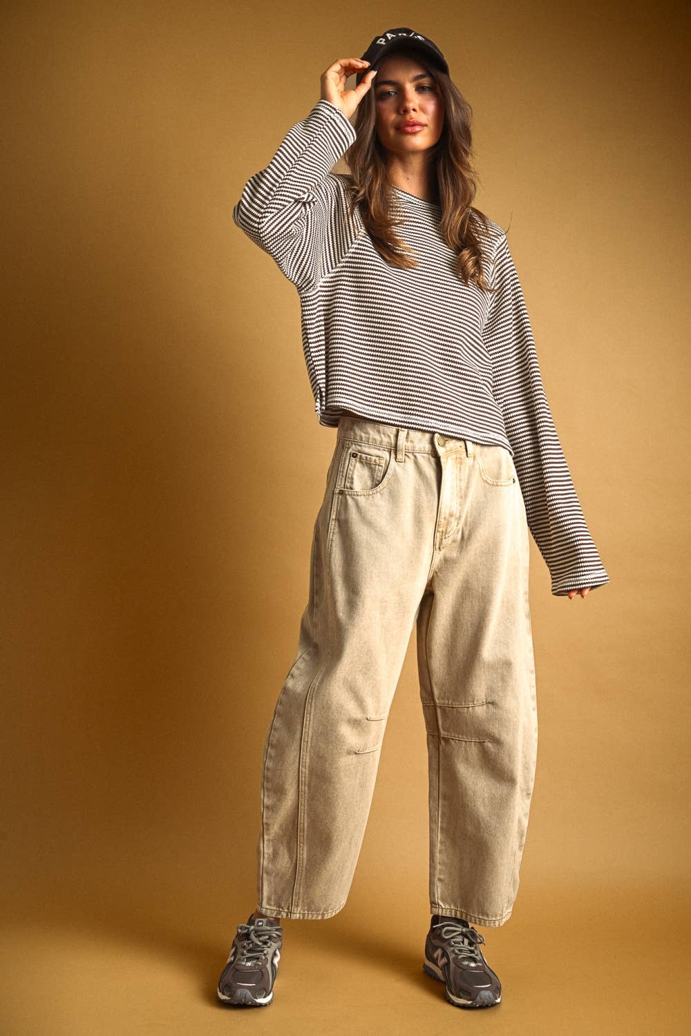 STRIPED WAFFLE FABRIC LONG SLEEVE TOP: BROWN