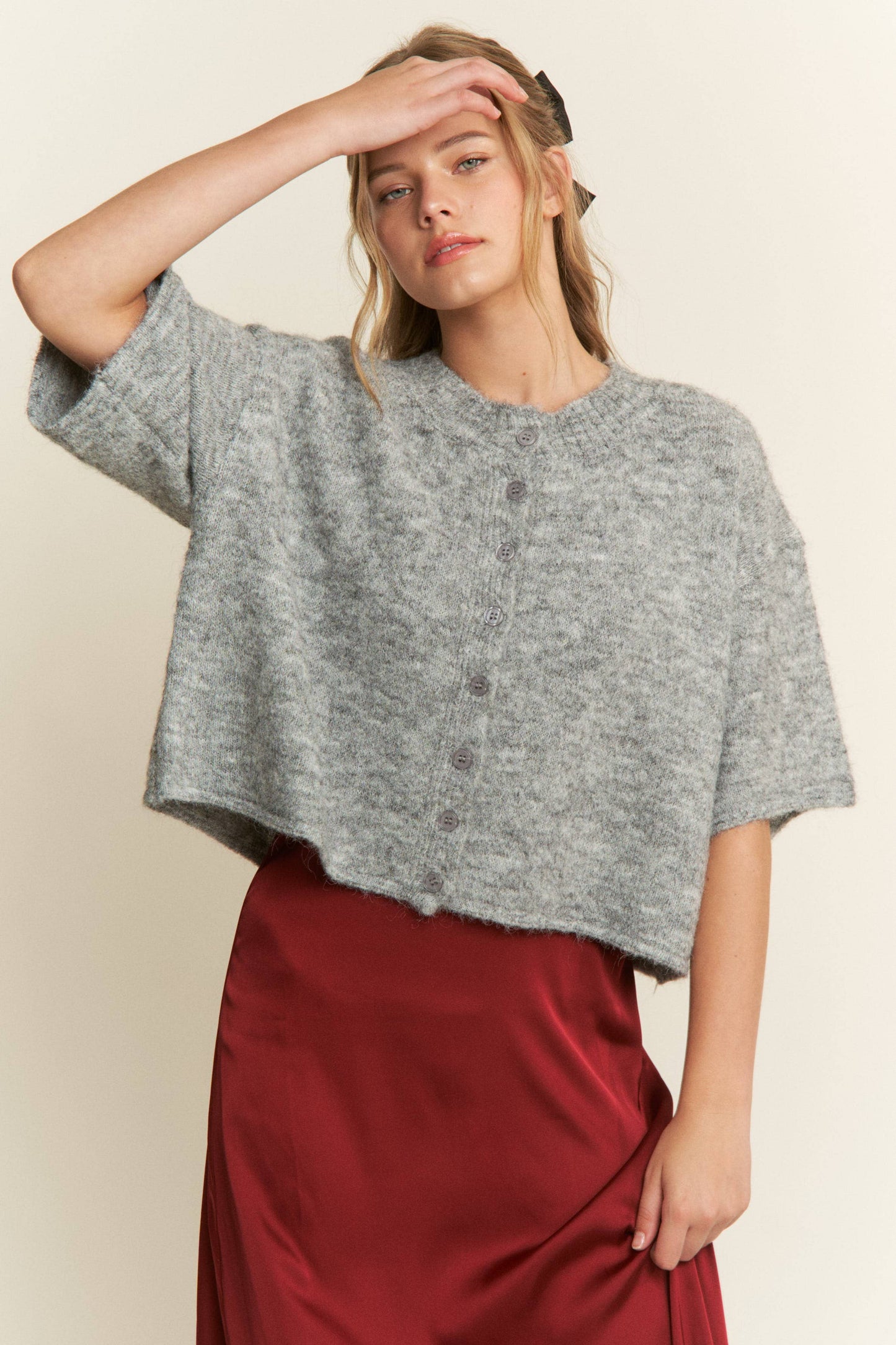 Quarter-Sleeve Knit Cardigans: Gray