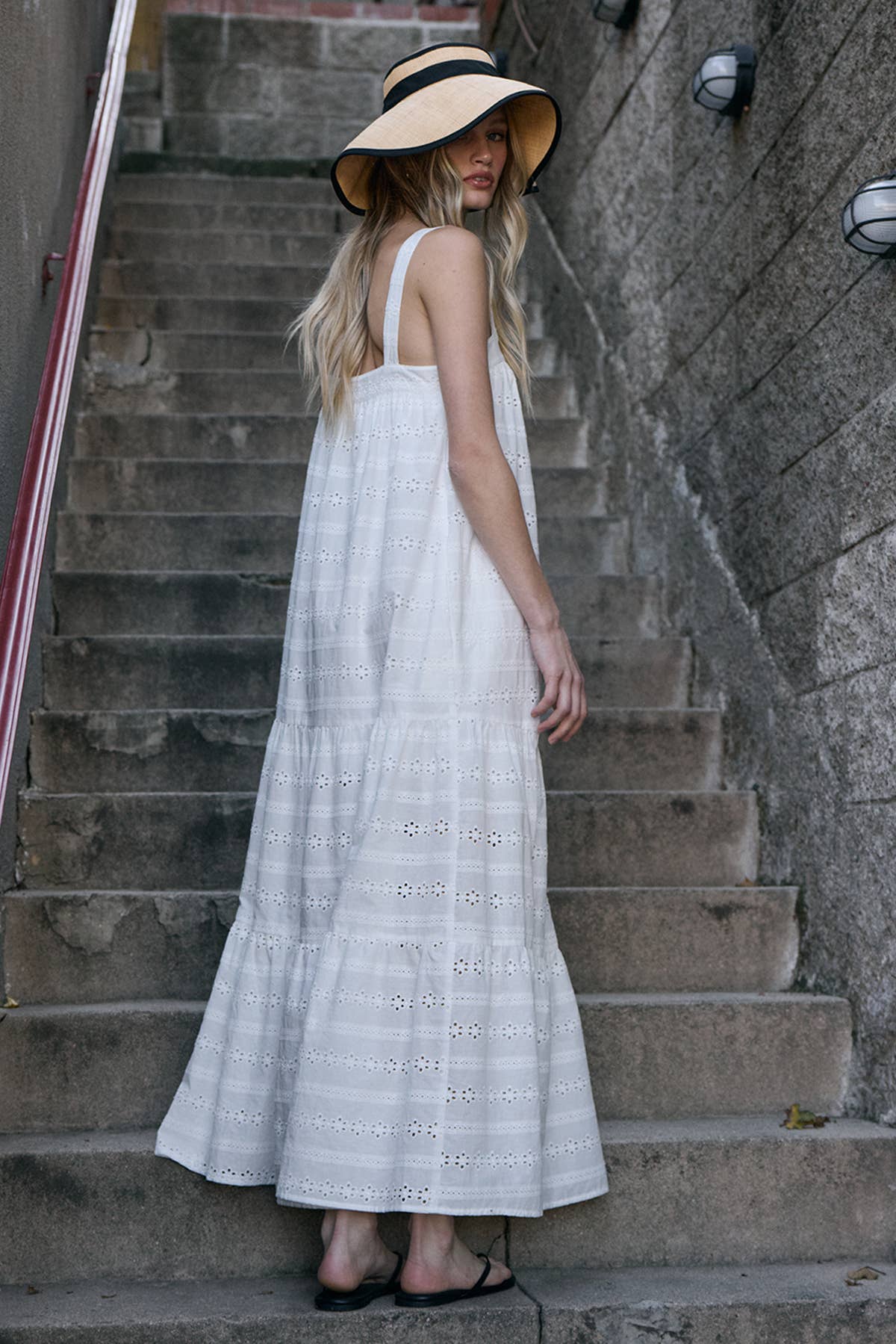 Eyelet Tiered Button Front Maxi Dress: WHITE