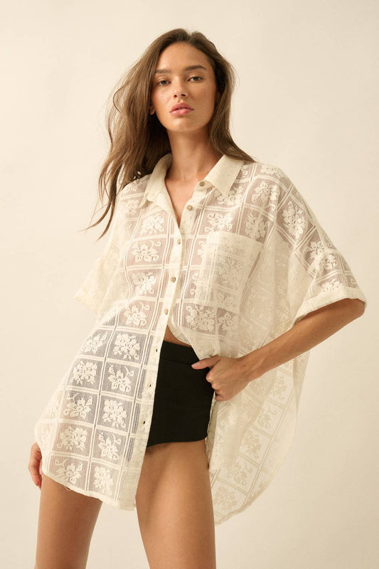 Sheer Floral Lace Oversized Button-Up: Cream