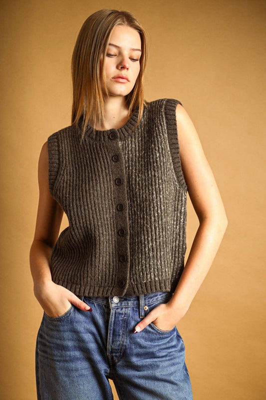 COLOR CONTRASTED BUTTON FRONT VEST: BROWN