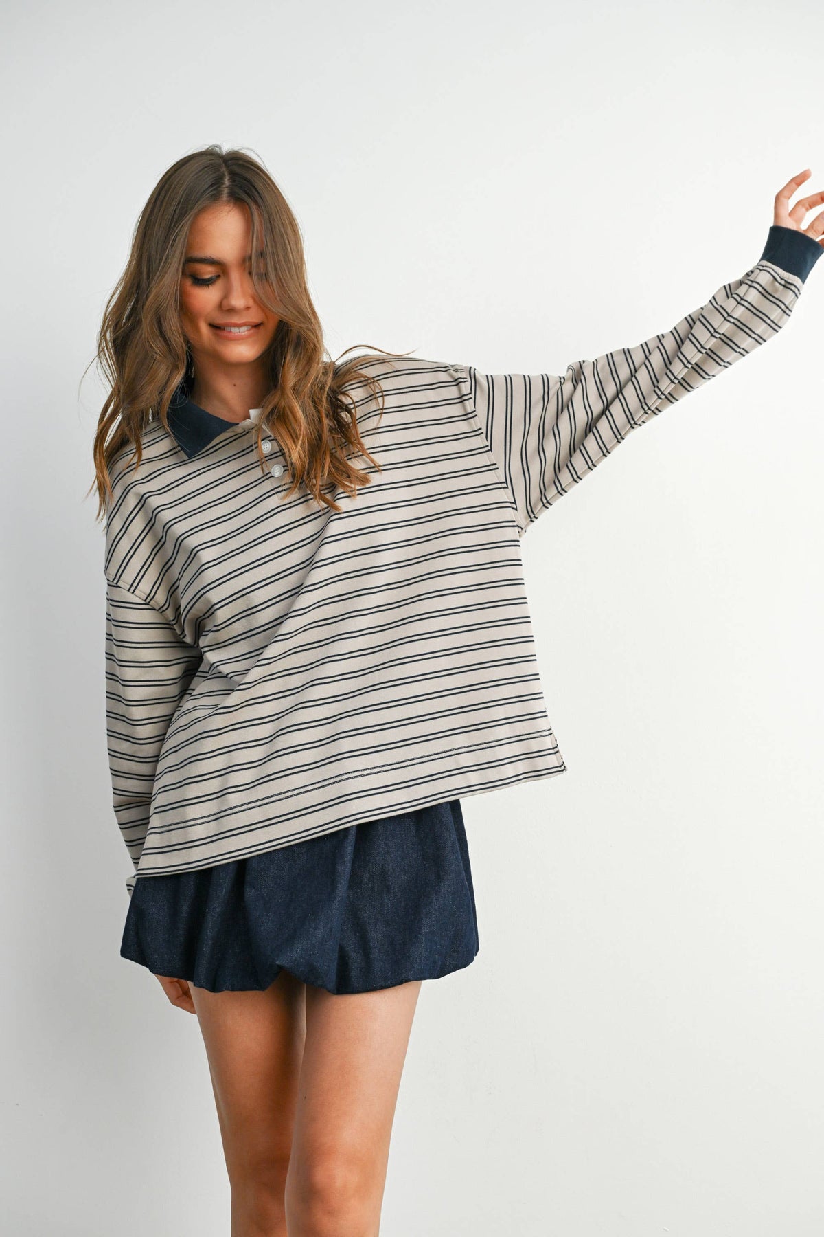 Quarter-Button Striped Collared Long Sleeve Top: TAUPE / NAVY
