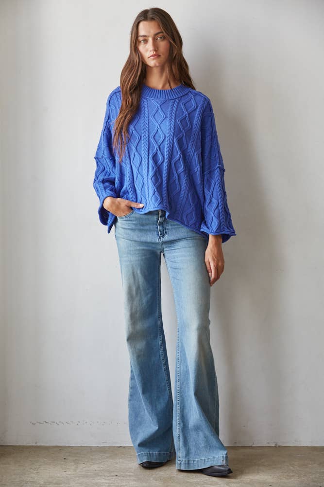 Knit Cable Sweater 3/4 Sleeve Pullover: Cobalt Blue