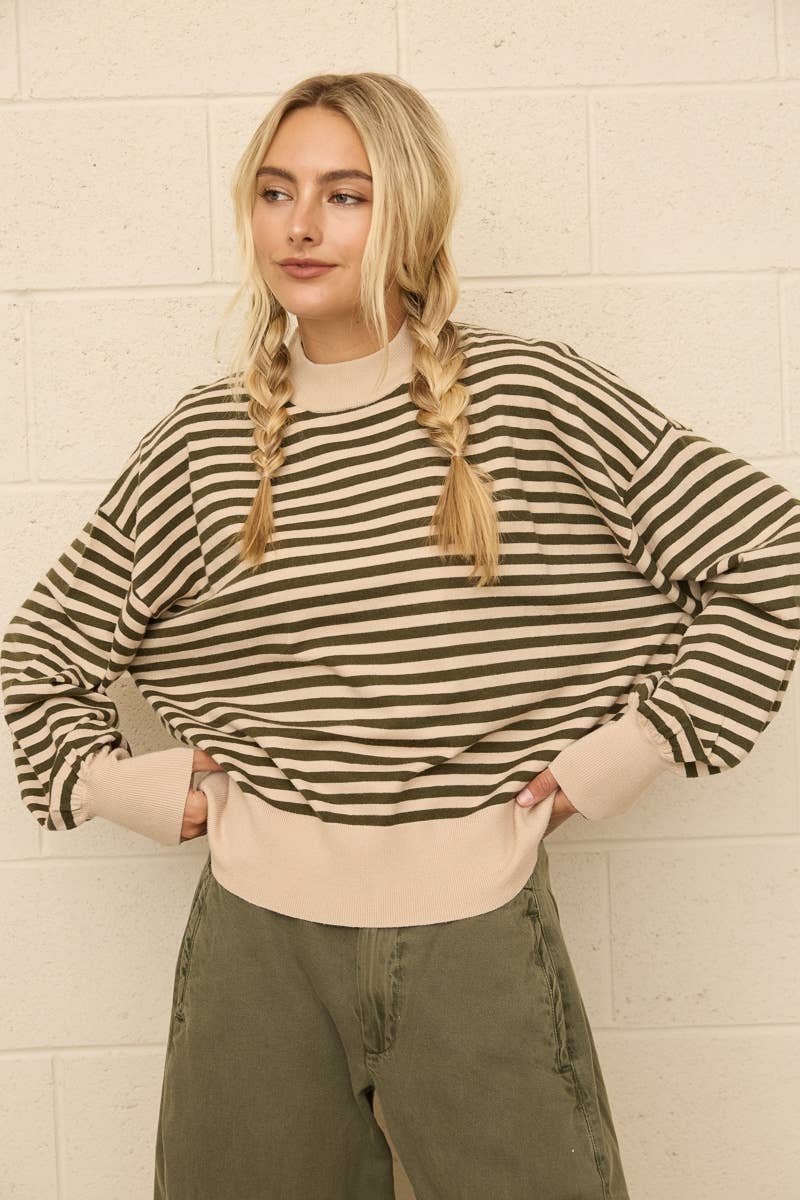 Two-Tone Stripe Mock Neck Sweater: BEIGE MULTI
