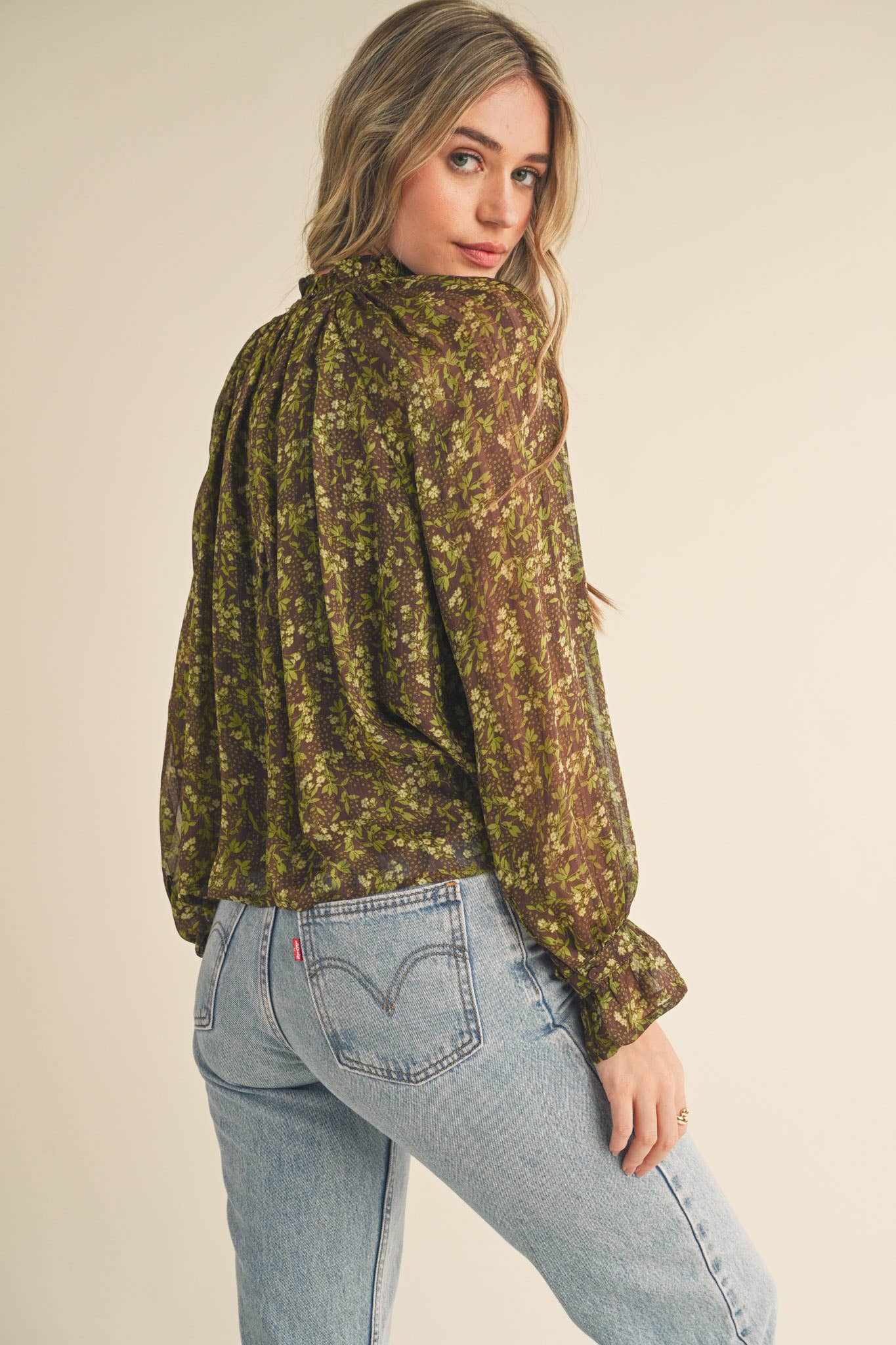 FLORAL LUREX BALLOON SLEEVE TOP: BROWN SAGE LIME