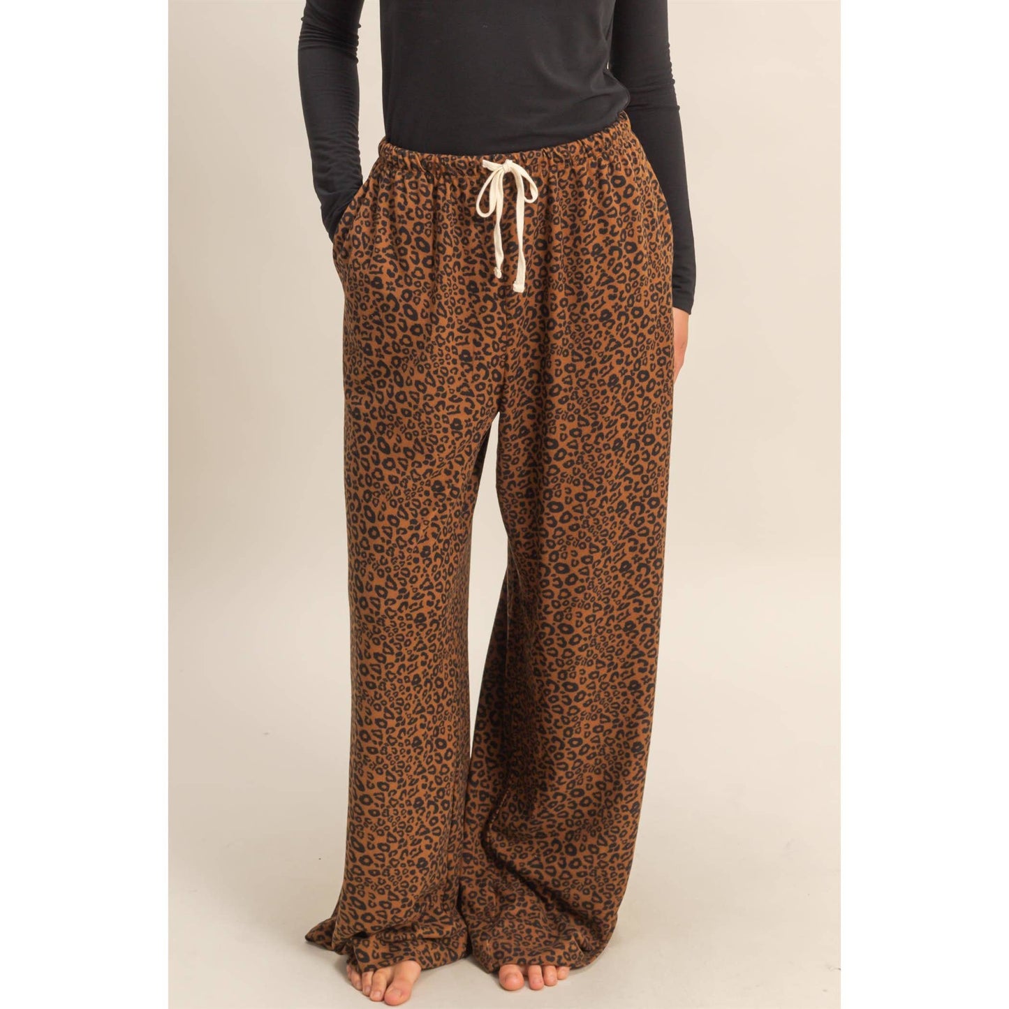 Leopard Print Wide-Leg Drawstring Comfort Pants: BROWN