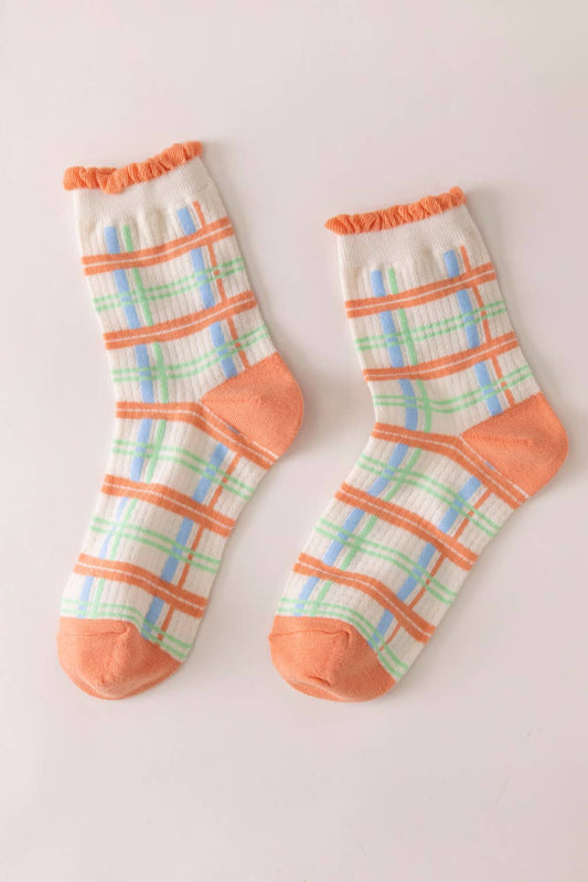 Multi Color Plaid Crew Socks: ORANGE