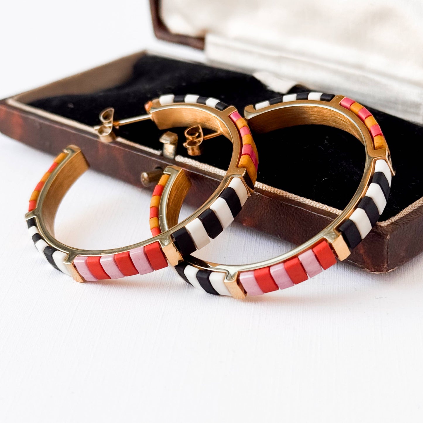 Big Bold Tila Bead Hoop Earrings Gold-Plated, Handmade- B+W