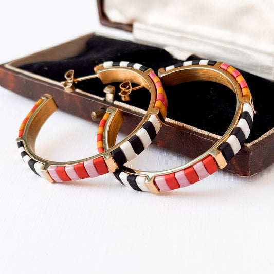 Big Bold Tila Bead Hoop Earrings Gold-Plated, Handmade- B+W