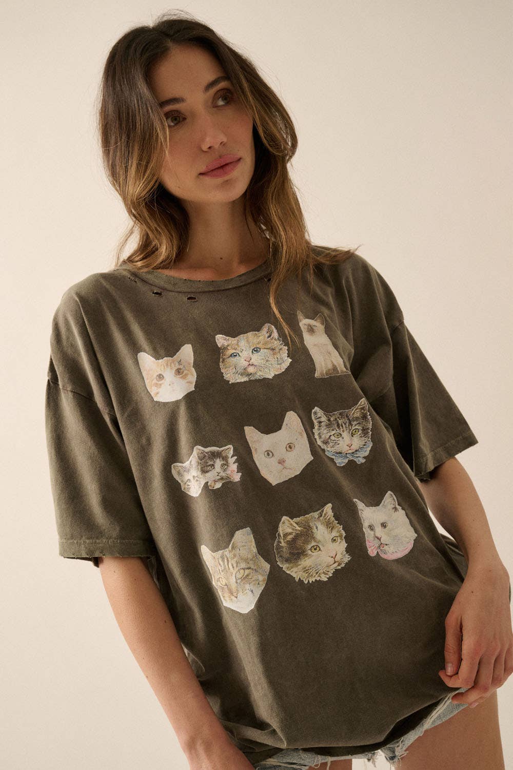Cat Photos Distressed Oversize Graphic Tee: Iron