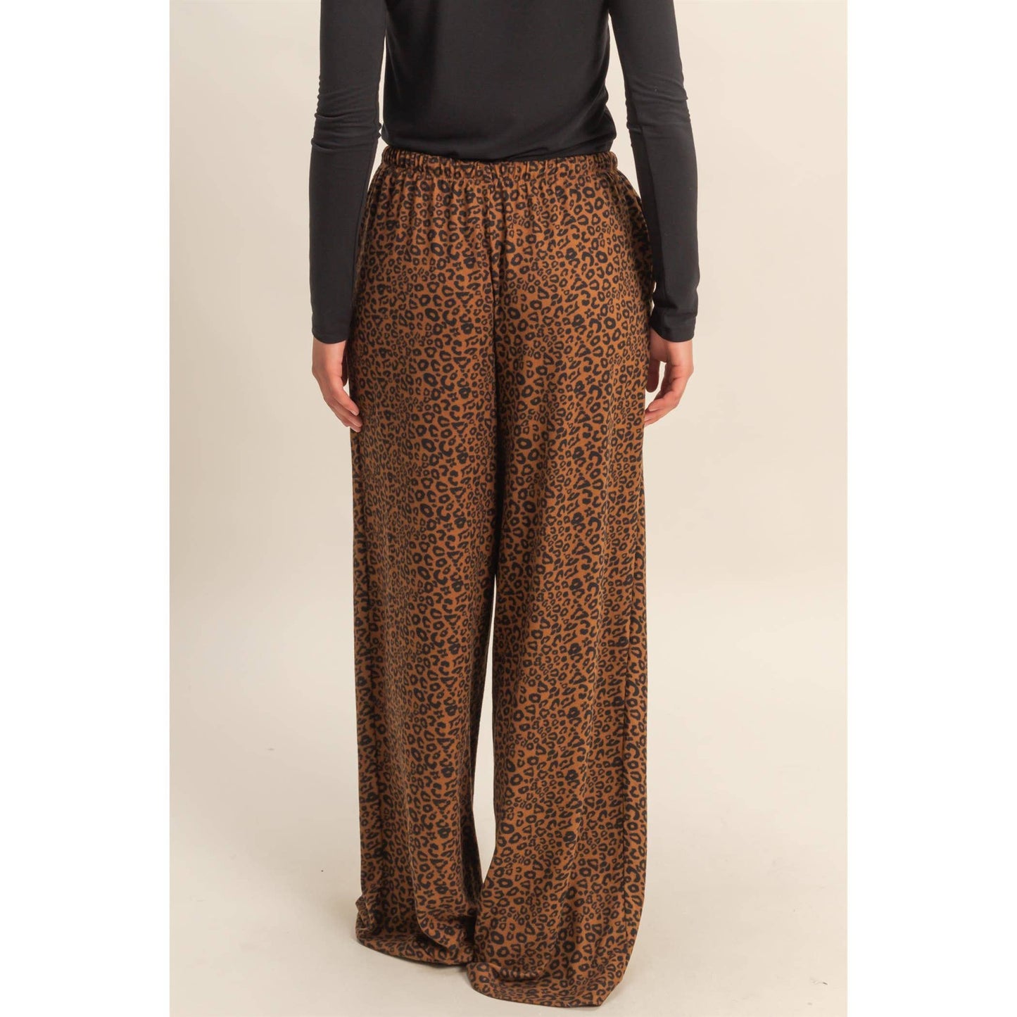 Leopard Print Wide-Leg Drawstring Comfort Pants: BROWN