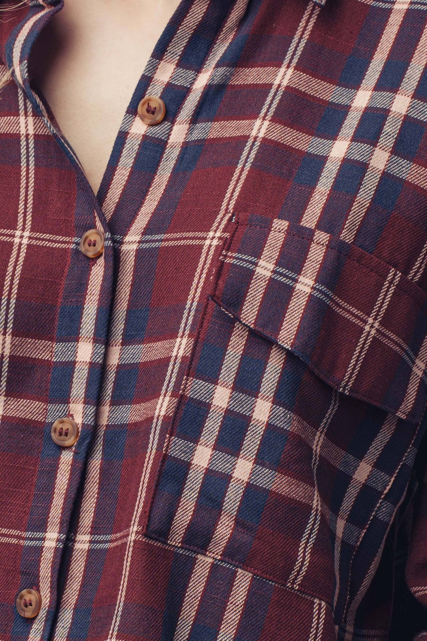 Classic Plaid Cotton Flannel Boyfriend Shirt: BURGUNDY MULTI