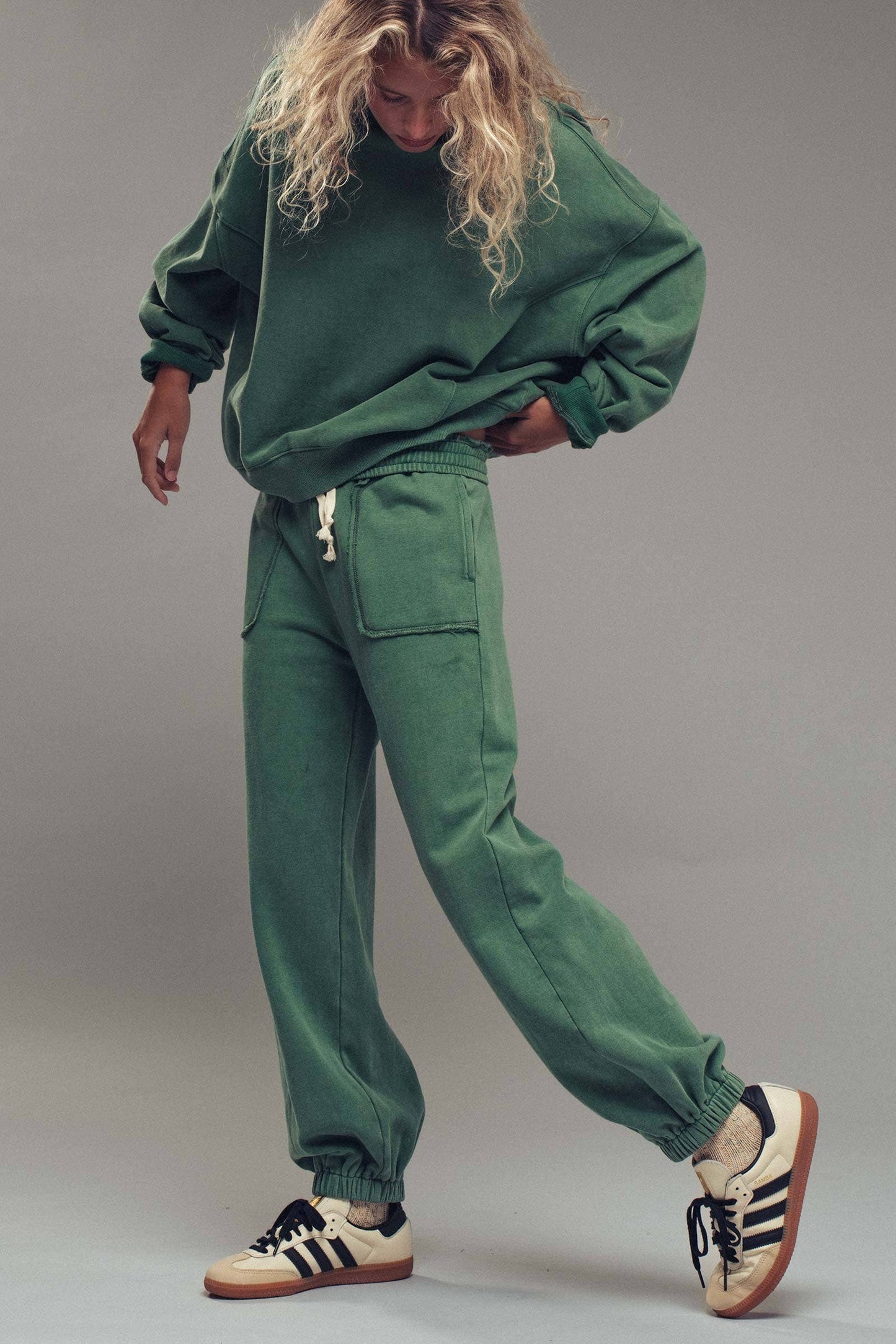 Wide Leg Cotton Blend Jogger Sweatpants: EMERALD GREEN