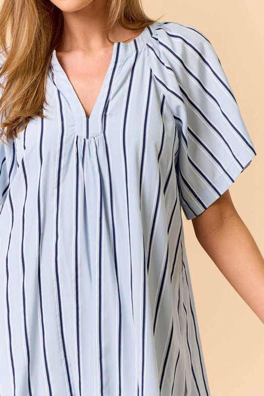 Striped Deep V-Neckline Mini Dress: LT BLUE