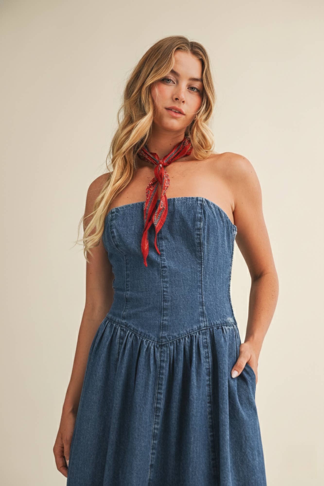 Seamed Bustier Full Skirt Denim Dress: WASHED DENIM